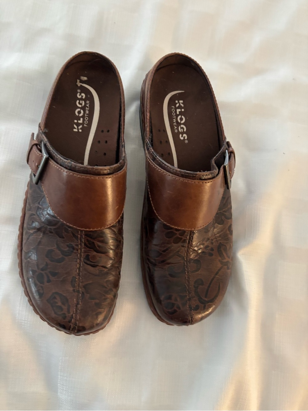Klogs Brown Floral-Embossed Leather Clogs with Buckle.    Slip Resistant